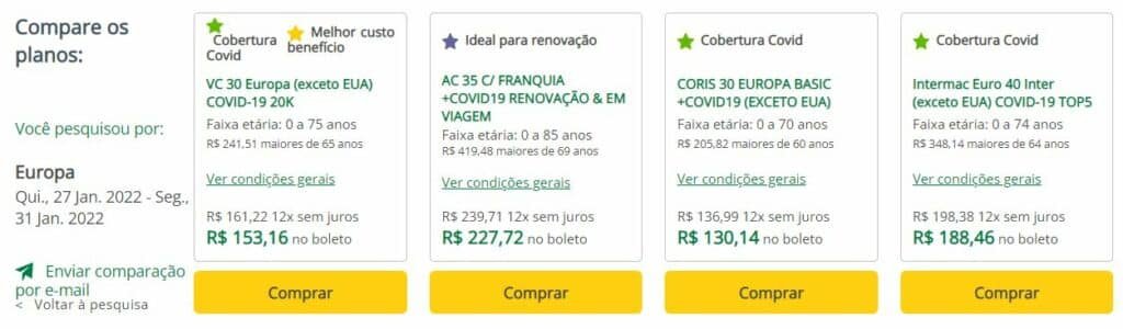 Quadro comparando opções de seguro viagem Noruega.
