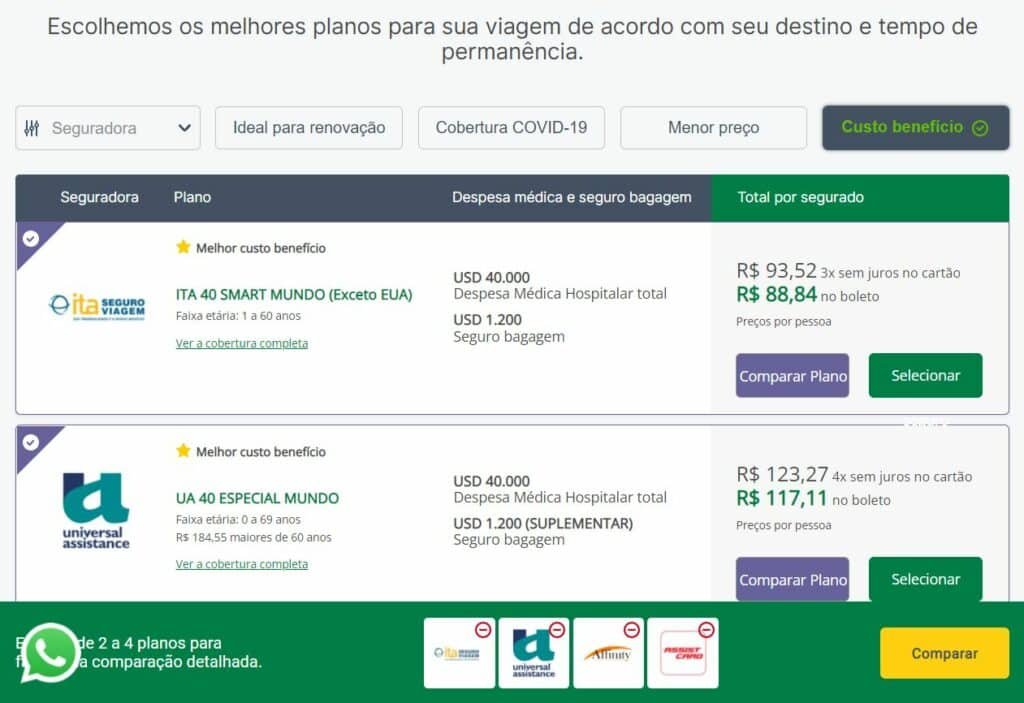 Tela da Seguros Promo mostrando opções de seguro viagem Noruega