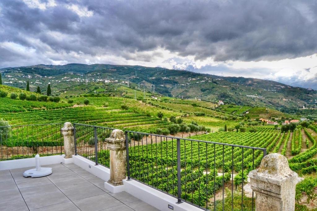Vista da sacada do Quinta da Salada – Turismo Rural durante o dia com a plantação de vinhas a frente.